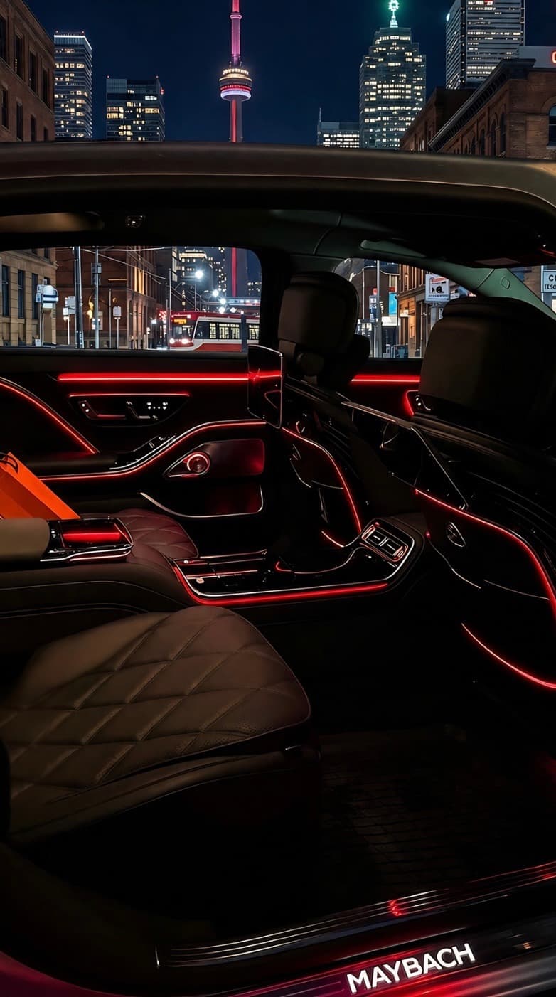 Black Maybach with the Toronto skyline through the windshield at dusk