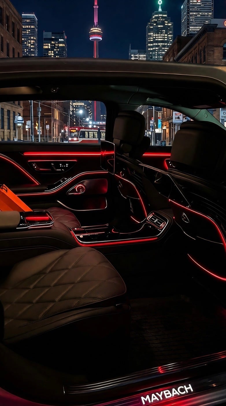 Black Maybach with the Toronto skyline through the windshield at dusk